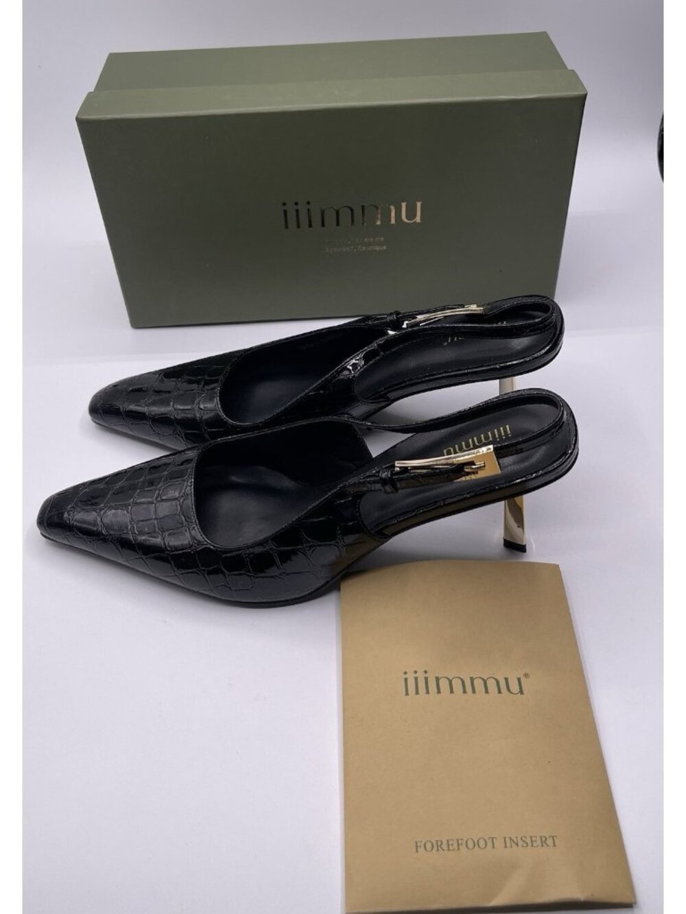 iiimmu Black Patent Croc Embossed Slingback Gold Sculptural‎ Heel Size 8  Heels